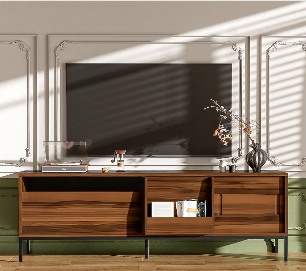 LUXEYARD 70.8Inch Modern TV Stand for TVs up to 75 Inches Entertainment Center with Storage Space Sliding Doors Adjustable Shelves and Metal Frame Mid Century Modern Media TV Console Table for Living R