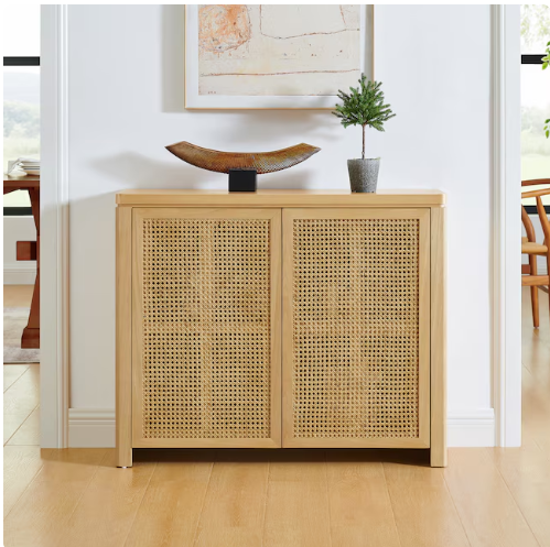 LUXEYARD 39.4Inch Mid Century Modern Rattan Sideboard Buffet Cabinet with 2 Outlet Holes Coffee Bar Wine Bar Credenza Retro Storage Cabinet for Entryway Hallway Living Room Kitchen Dining Room Natural
