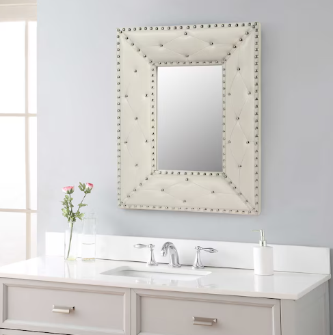 LUXEYARD 21x26inch White Rectangle Wall Hanging Mirror PU MDF Frame Rivet Deco